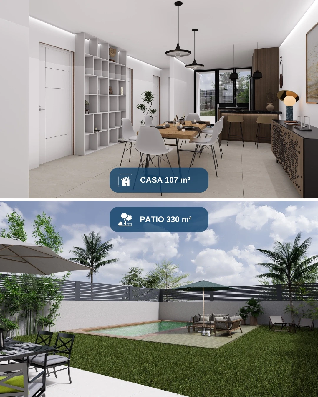 Salón, cocina y patio
