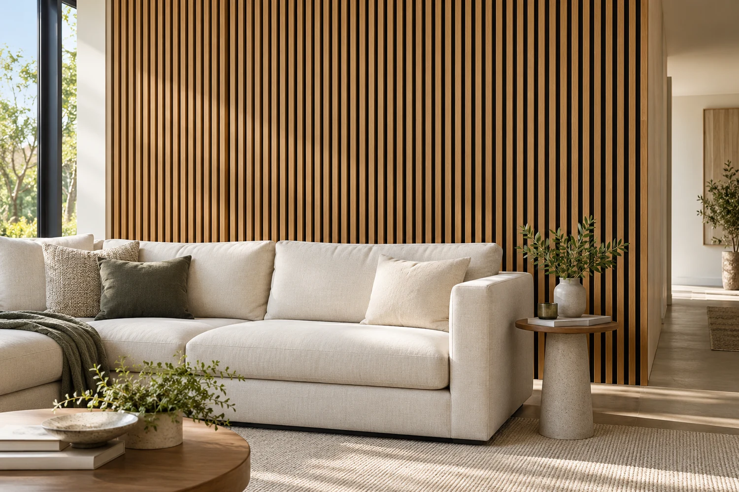 Paneles acústicos decorativos de listones de madera con fondo de fieltro: ilustración